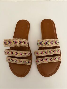 Roxy Tan Slide Sandals with Multicolor Braided Straps